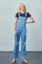 Pocket Patched Ripped Denim Overalls
